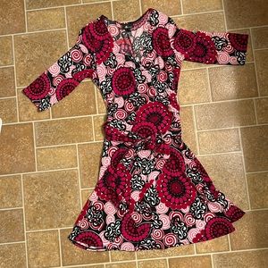 AB Studio Red Pink Print Mock Wrap Dress 3/4 Sleeves Polyester Spandex Large